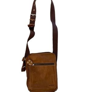 MHANN Unisex Cognac Leather Crossbody Bag w/ Canvas Strap